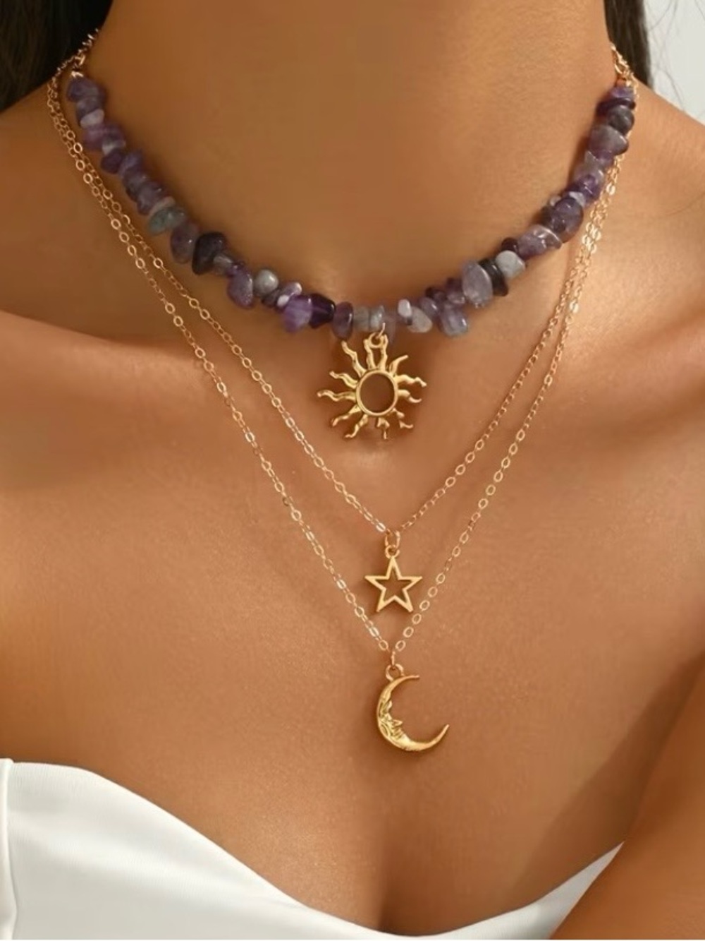 NEW! Celestia Layered Necklace with Purple Beaded. Sun, Star & Crescent 💜 A1-39